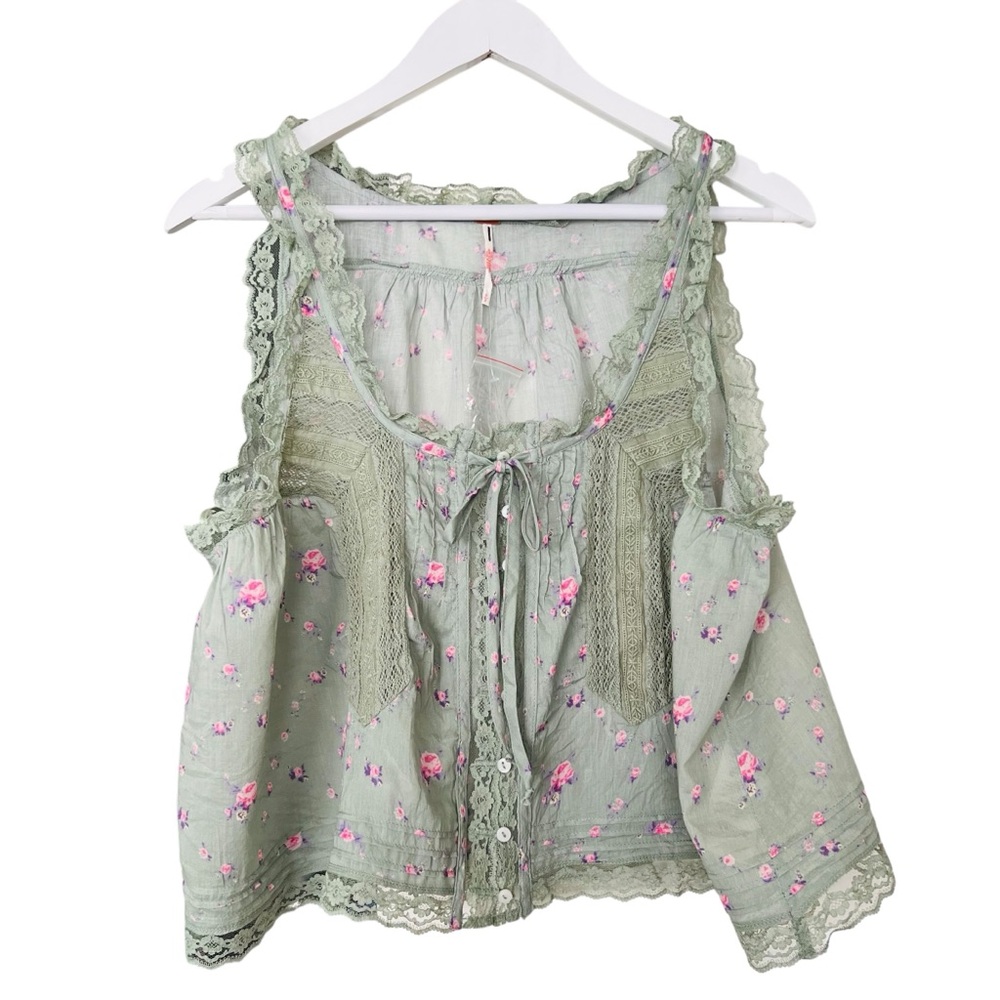 New FREE PEOPLE Forevermore Sheer Lace Floral Print Top Meadow Green Sz L - Picture 12 of 15